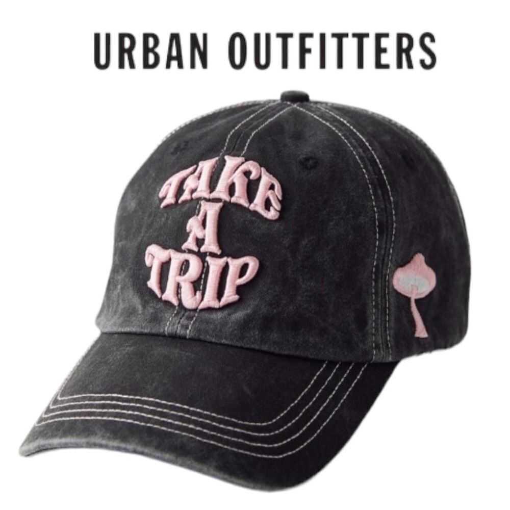 NEW UO Urban Outfitters Take A Trip Mushroom Black Pink Baseball Cap Hat